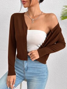 SHEIN PETITE Women Lightweight Cardigans - Chocolate Brown - View 4