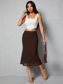 SHEIN PETITE Solid High Waist Mermaid Skirt - Brown - View 6