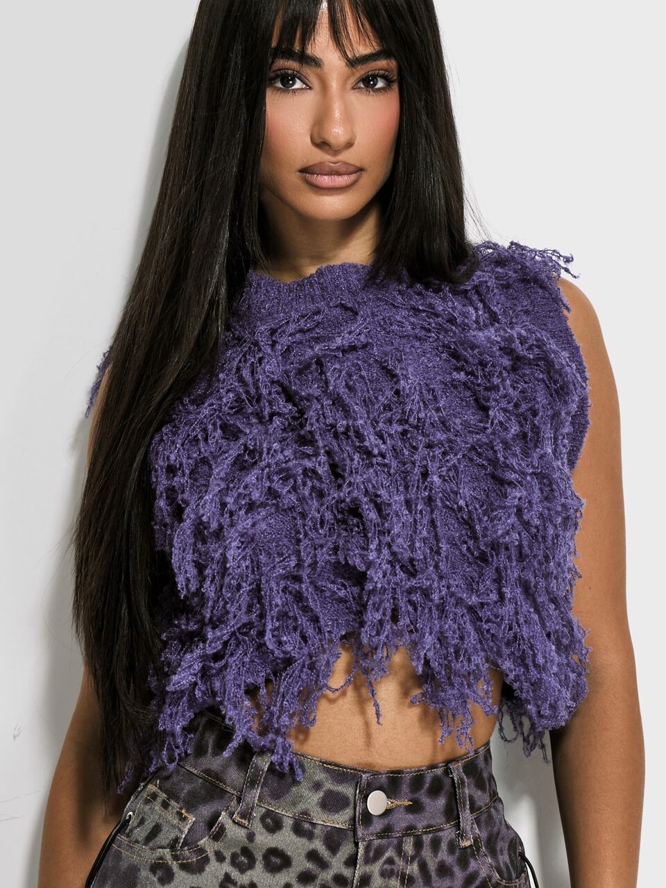 Purple Fur High Neck Tassle Crop Top