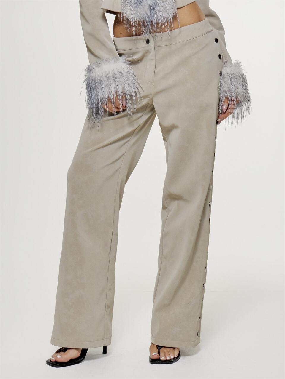 Studded Side Detail PU Straight Leg Low Rise Trouser