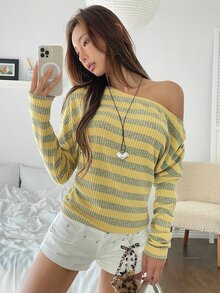 K-Vae Contrast Striped Pattern Asymmetrical Neck Slim Fit Rib-Knit Tee - Multicolor - View 6