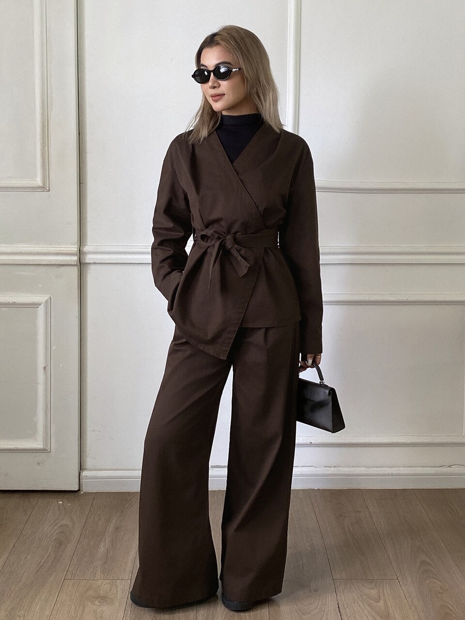Surplice Neck Belted Denim Coat & Wide Leg Jeans Set Fall