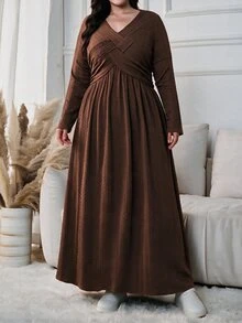Lacomfia Plus Size V Neck Wrap Long Sleeve Dress, Textured Knit Brown A-Line Fall Dress, Casual Modest Dress For Daily Wear, Autumn Gathering - Brown - View 9