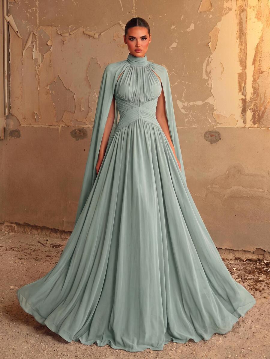 Aureia 優雅浪漫鼠尾草綠雪紡披肩高領抓皺拼接畢業舞會晚宴禮服婚禮賓客晚禮服正式秋季 - 綠色 - 查看 1