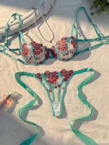 SHEIN 女款天藍色刺繡綁帶內衣套裝 2件組 - 薄荷綠 - 查看 3