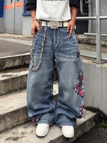 STEELVANCE Men Floral Embroidery Washed Wide Leg Jeans - Light Wash - View 6
