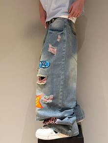 STEELVANCE Men Letter Graphic Ripped Wide Leg Jeans Without Belt - Blue - View 5