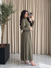 Modelyn Solid Button Front Flare Hem Dress With Cape - Brown - View 5