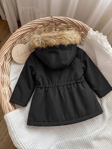 SHEIN Baby Girl Teddy Lined Fuzzy Trim Hooded Parka Winter Coat - Black - View 2