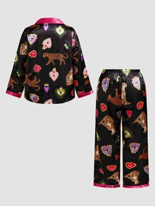 Chillnights Plus Size Women Leopard Print Long Sleeve Single-Breasted Top And Pants Pajama Set - Black - View 2