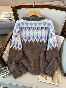 GlowEve CURVE Women's Autumn New Single Piece Round Neck Jacquard Pattern Coffee Brown Regular Fit Everyday Versatile Fashion Commute Knit Pullover Long Sleeve Plus Size Sweater - Coffee Brown - View 2
