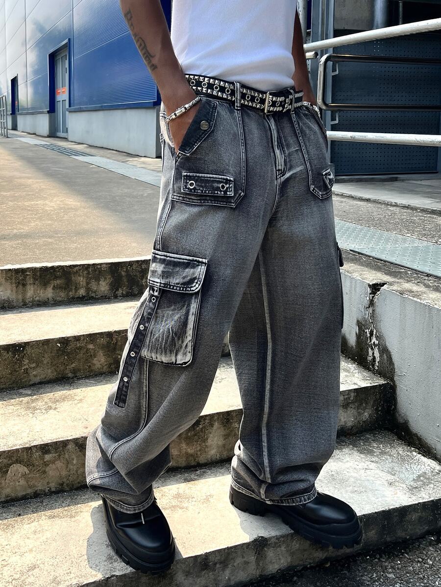 Manfinity EMRG Men Flap Pocket Side Cargo Jeans Without Belt - Light Grey - View 1