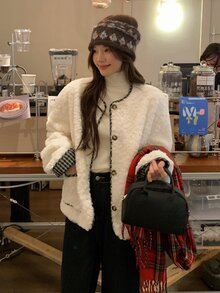 DAZY Contrast Trim Button Front Fuzzy Coat - Grey - View 1