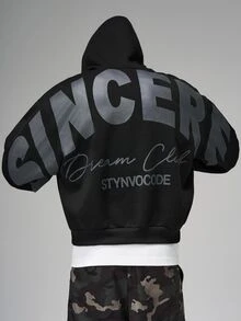 STYNVO Áo hoodie nam oversize họa tiết chữ, vai trễ, kiểu chui đầu phong cách streetwear - màu đen - Xem 4