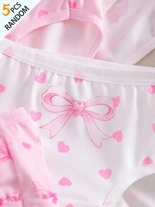 SHEIN 5件裝少女內褲，可愛蝴蝶結愛心圖案，柔軟光滑彈性針織布料，親膚舒適內褲，冬季粉色白色 - 彩色 - 查看 6