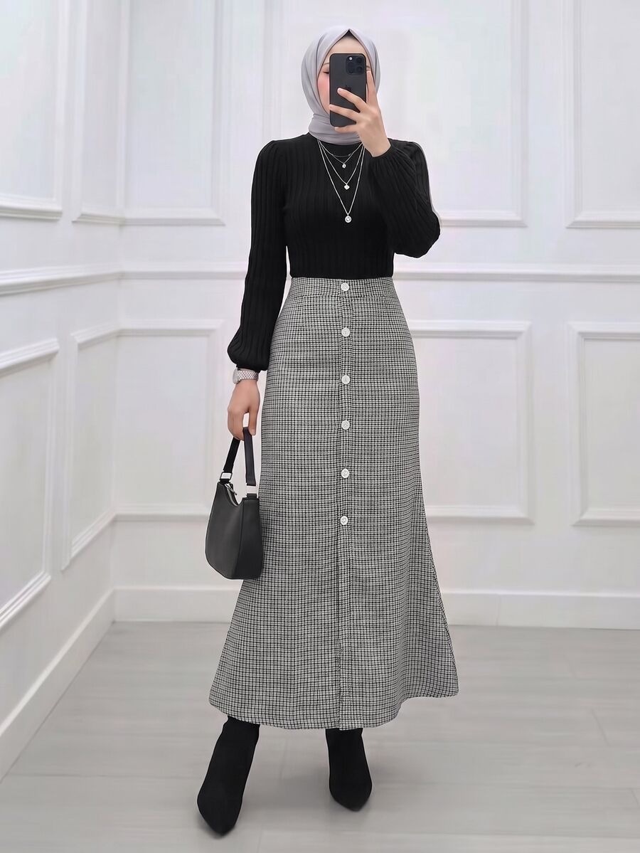 Celisse Gaun Panjang Model Duyung dengan Kancing Depan Motif Kotak-kotak - MultiWarna - View 1
