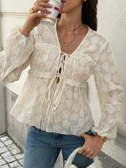 SHEIN PariChic Jacquard Knot Front Lantern Sleeve Babydoll Top