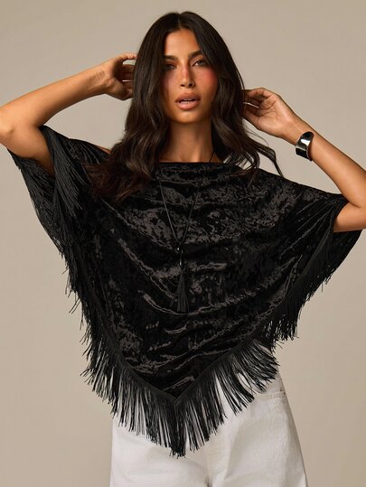 COSMINA Fringe Trim Velvet Tee