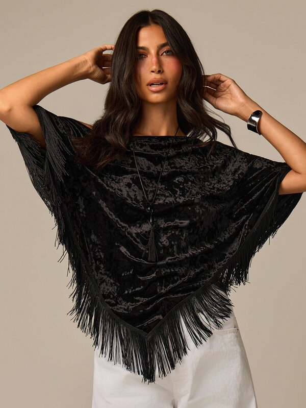 COSMINA Fringe Trim Velvet Tee