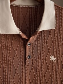 Core Aspect Men's Jacquard Knit Polo Shirt And Woven Pants Set, Shades Of Brown Off-White Summer Casual Two Pieces Set, Suitable For Everyday Golf Outings - Multicolor - View 3
