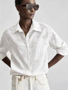 Ontre Floral Embroidery Button Front Shirt - White - View 7