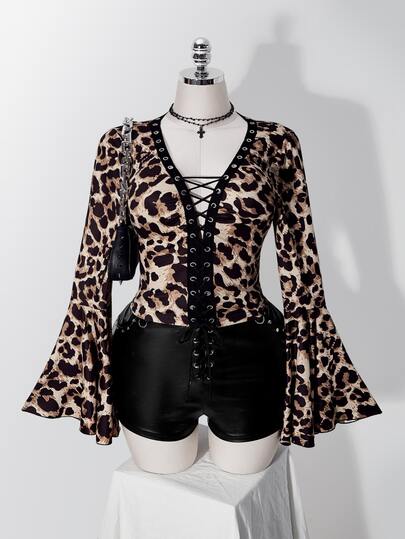 SHEIN ICON Top à manches volantées avec imprimé léopard et lacets devant, grande taille