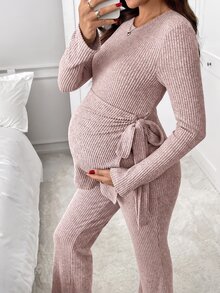 SHEIN 孕婦多功能繫帶前開衩上衣與可調腰圍長褲 2 件套 - 藕粉色 - 查看 4