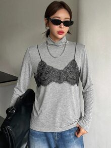 DAZY 女款 2 合 1 蕾絲細肩帶對比色長袖 T 恤 - 灰色 - 查看 6