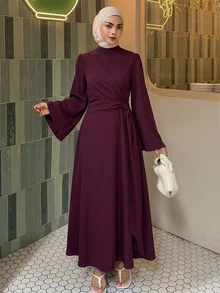 DAZY Women's Elegant Fashion Pleated Waist Long Sleeve Dress Fall - Burgundy - View 1