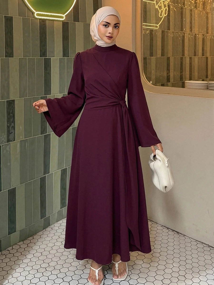 DAZY Women's Elegant Fashion Pleated Waist Long Sleeve Dress Fall - Burgundy - View 1