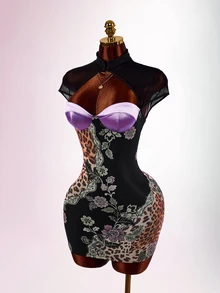 Floral & Leopard Print Bodycon Dress With Super Crop Top - Black - View 4