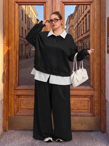 SHEIN CURVE+ Plus Drop Shoulder 2 In 1 Sweatshirt & Celana Panjang Lebar - Hitam - View 1