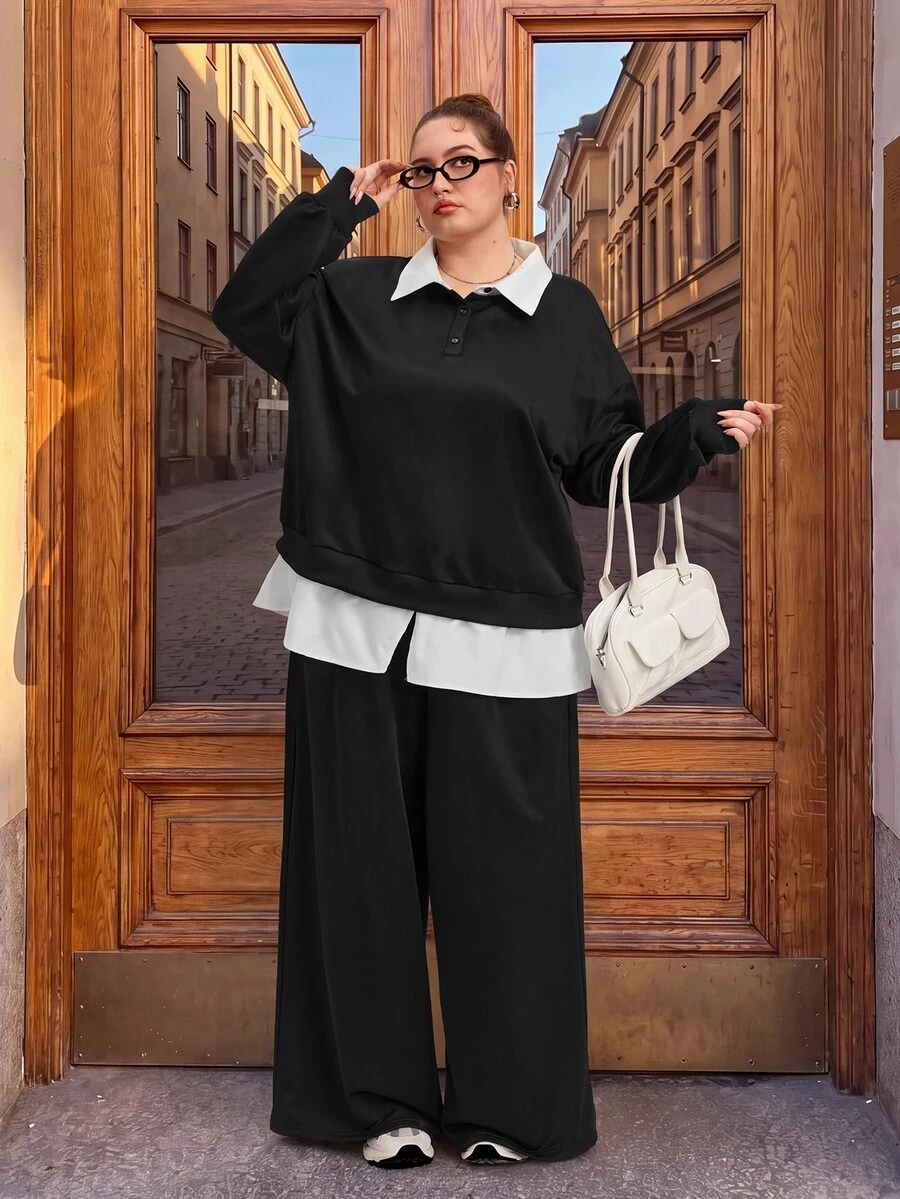 SHEIN CURVE+ Plus Drop Shoulder 2 In 1 Sweatshirt & Celana Panjang Lebar - Hitam - View 1
