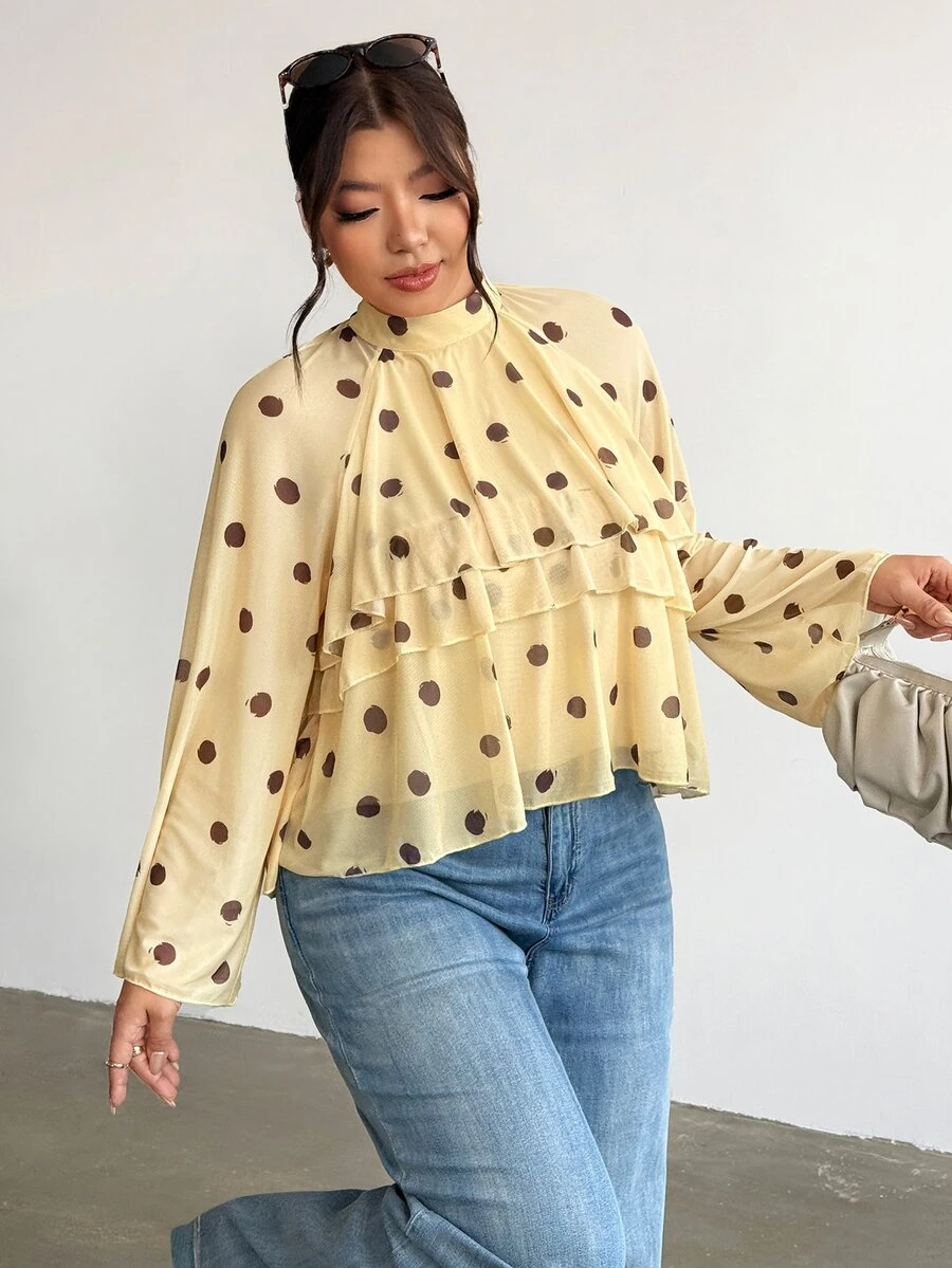 Firerie Plus Dot Allover Print Ruffle Trim Flounce Sleeve Blouse Fall - Yellow - View 1