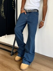 Manfinity Roghcode Jeans de pierna acampanada con bolsillos inclinados para hombre sin cinturón - Azul - Ver 4