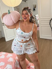 Slumberry CURVE Plus Size Halloween Cartoon Graphic Lettuce Trim Cami Top & Shorts Pajama Set - Multicolor - View 6