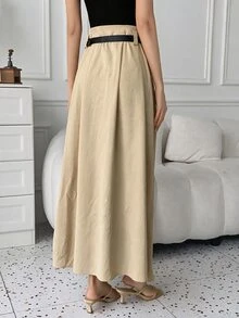 Struktiv Solid Fold Pleated Split Thigh Front Skirt With Belt Brunch Work Khaki Autumn Elegant - Khaki - View 2