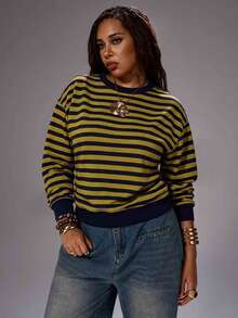 Rustia Plus Striped Print Drop Shoulder Sweatshirt Fall - Black - View 1