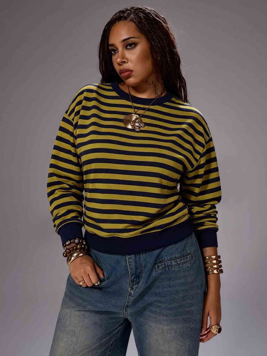Rustia Plus Striped Print Drop Shoulder Sweatshirt Fall - Black - View 1