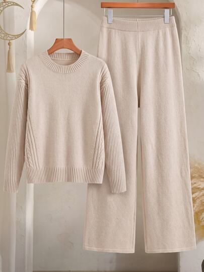 Elaquor Conjunto de Suéter e Calça de Tricô Casual Retrô Cor Sólida Outono/Inverno Plus Size Lounge Formal Bege para Mulheres Uso Diário e Saídas
