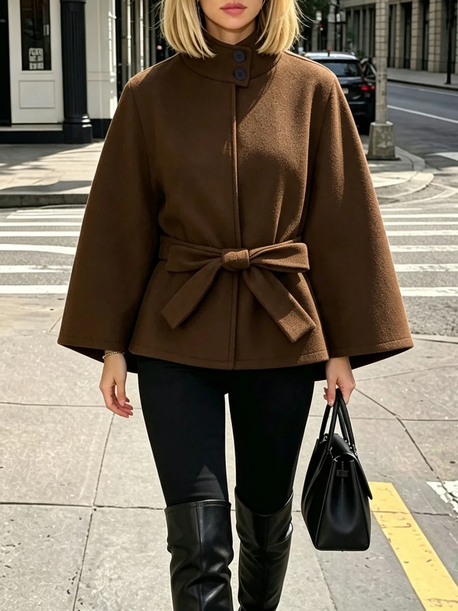 SHEIN PariChic Solid Belted Cape Overcoat - Coffee Brown - View 1
