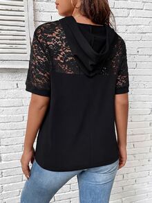EMERY ROSE Contrast Sheer Lace Short Sleeve Drawstring Hoodie Halloween Night Out Going Out Black Floral Summer Sexy Casual Elegant - Black - View 2