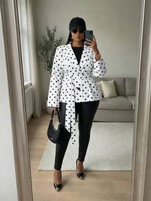 SOLERSUN Plus Polka Dot Print Belted Blazer - Black and White - View 1