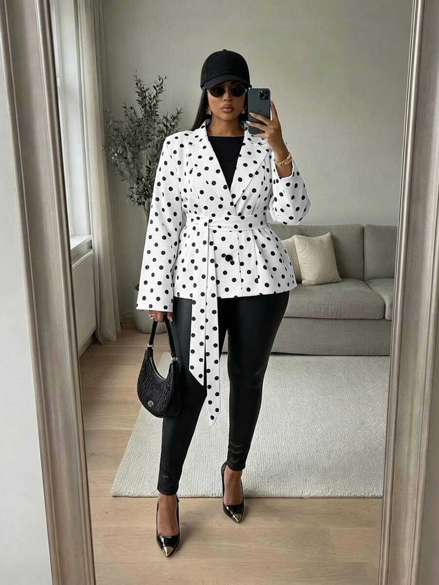 SOLERSUN Plus Polka Dot Print Belted Blazer - Black and White - View 1