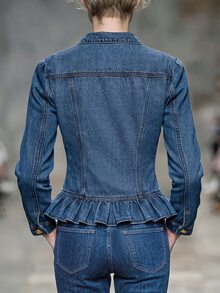 Balvessa Double Breasted Ruffle Hem Denim Jacket - Blue - View 2
