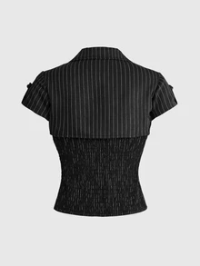 ROMWE Y2K Striped Print Cut Out Front Blouse - Black - View 2