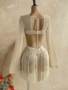 Soleia Women's Hollow Out Sexy Tassel Hem Long Sleeve Sweater Dress - Apricot - View 2