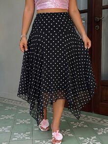 GalTyme Plus Size Summer Elegant Polka Dot Print Asymmetrical Hem Skirt - Black and White - View 5