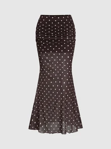 Sweetra Polka Dot Print Ruched Mermaid Hem Mesh Skirt - Coffee Brown - View 1