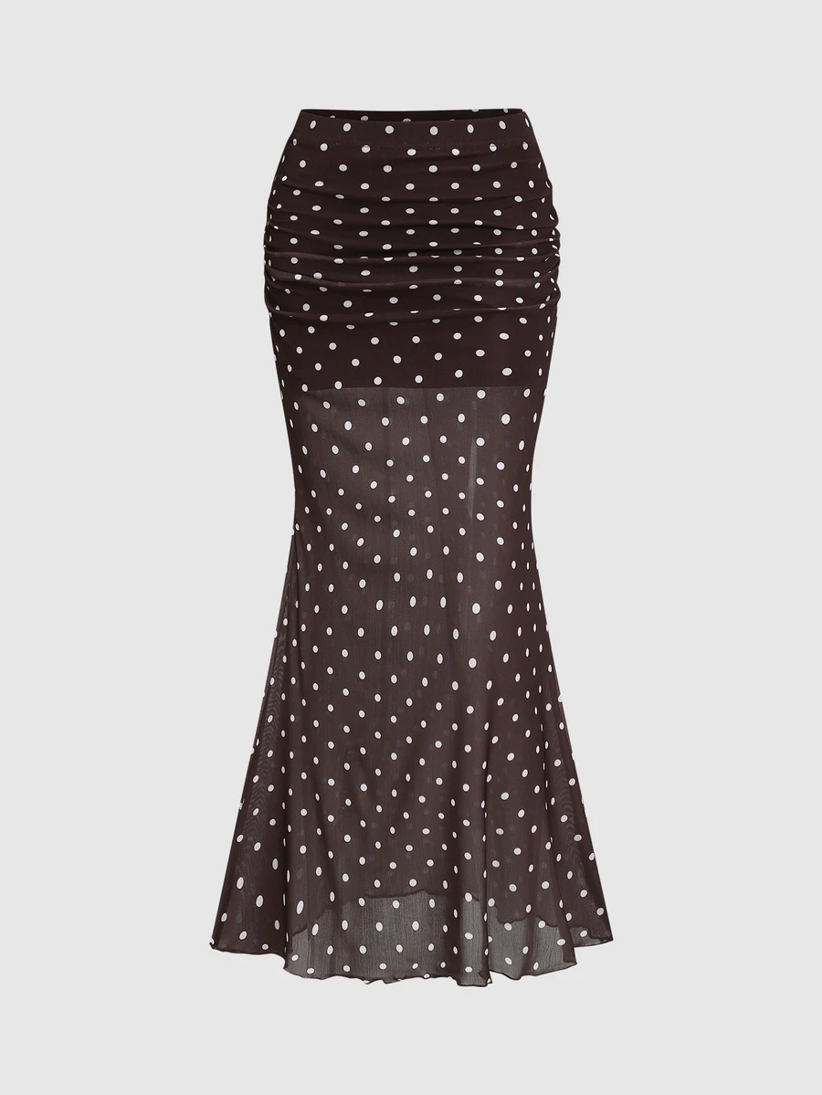 Sweetra Polka Dot Print Ruched Mermaid Hem Mesh Skirt - Coffee Brown - View 1